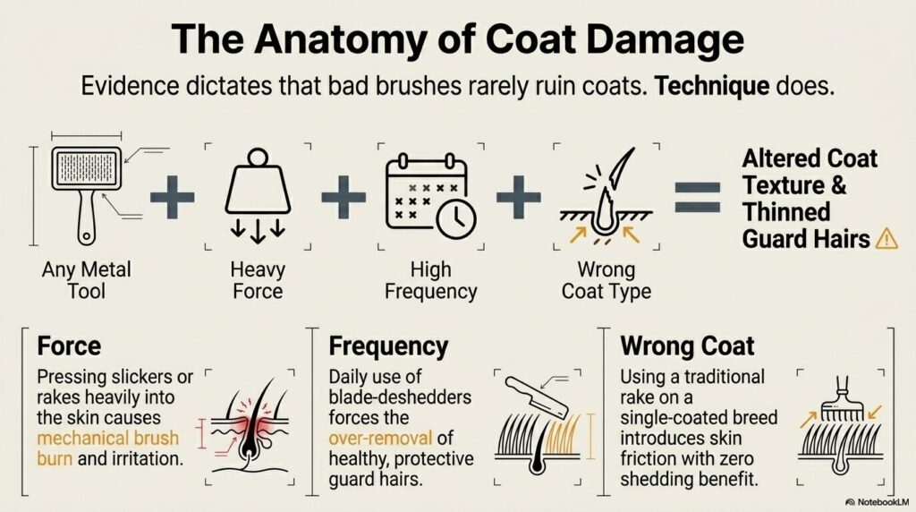 Bad Technique Incorrect dog brushing can be damaging